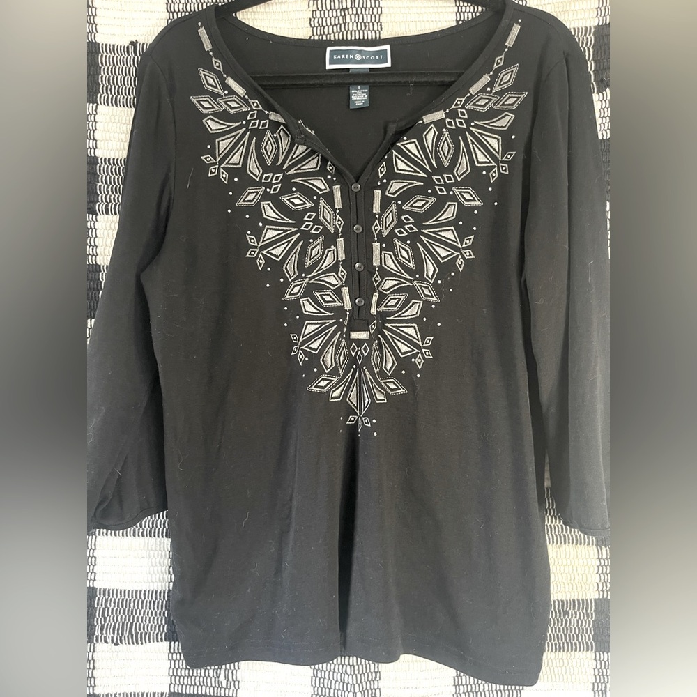 Karen Scott embroidered beaded long sleeve top